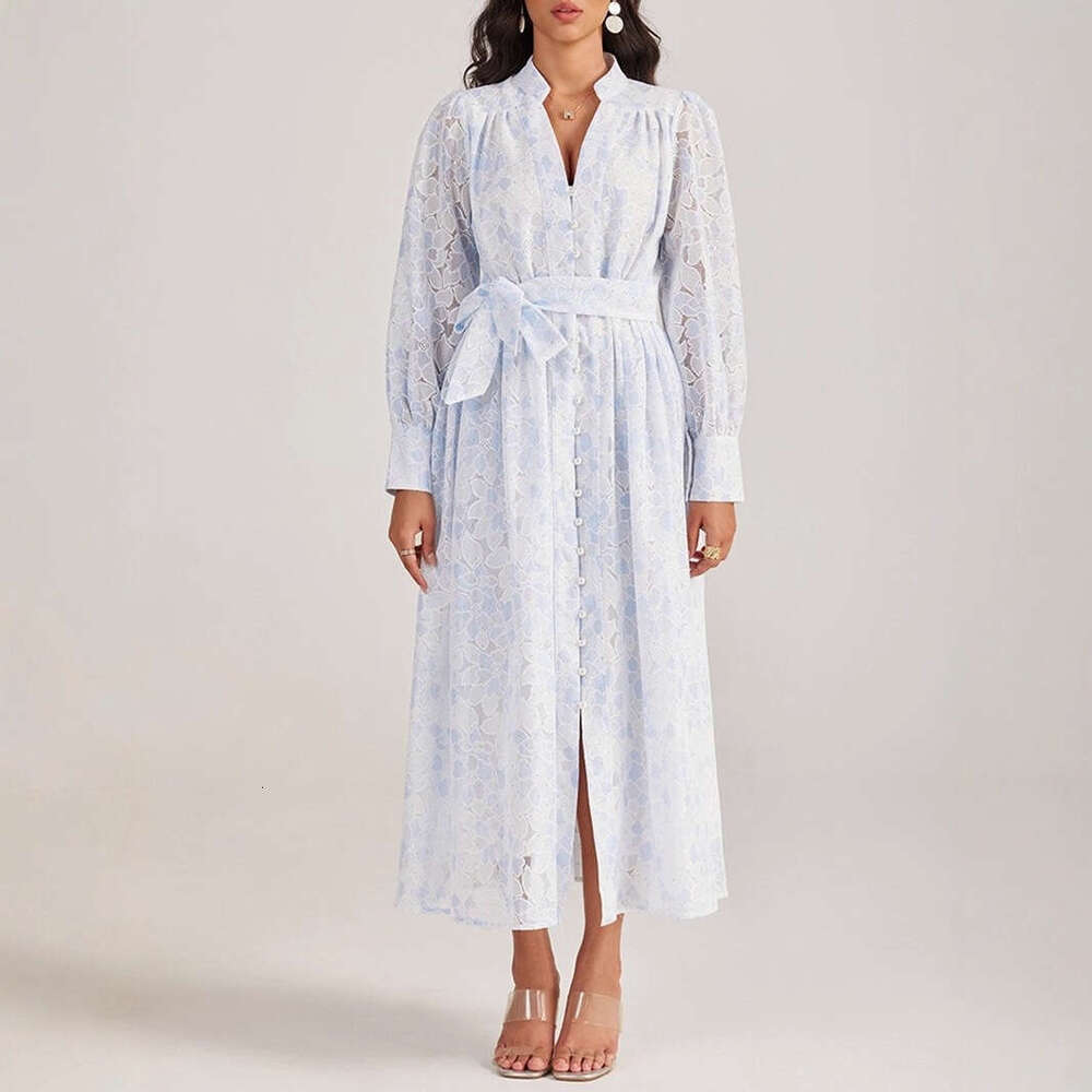 2026 autumn and winter European and American niche dark flower pattern goddess elegant loose tie waist cardigan multi-color long skirt