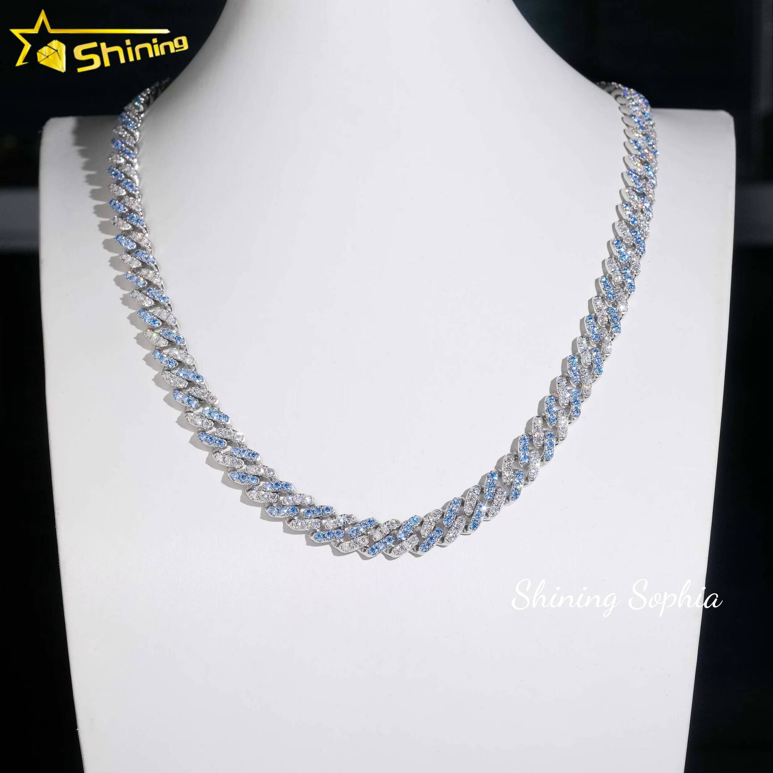 10mm 14K White Gold Plated Two Tone Blue and White Moissanite Diamond Cuban Link Chain Necklace