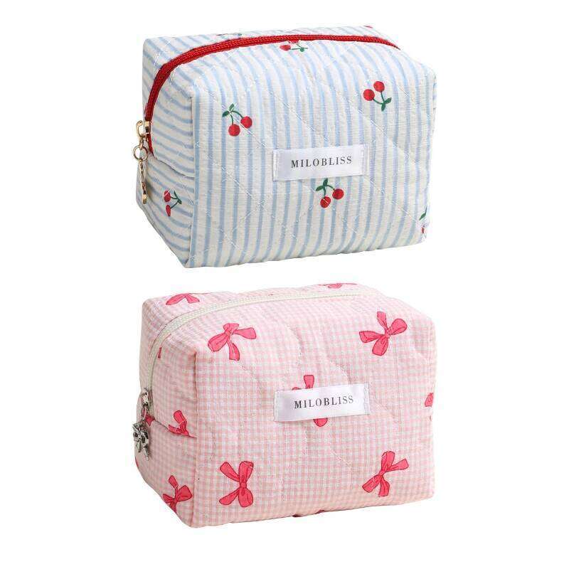 Plaid Bow Makeup Bag Quilted Cherry Cosmetic Pouch Student Lightweight Storage XJ260310