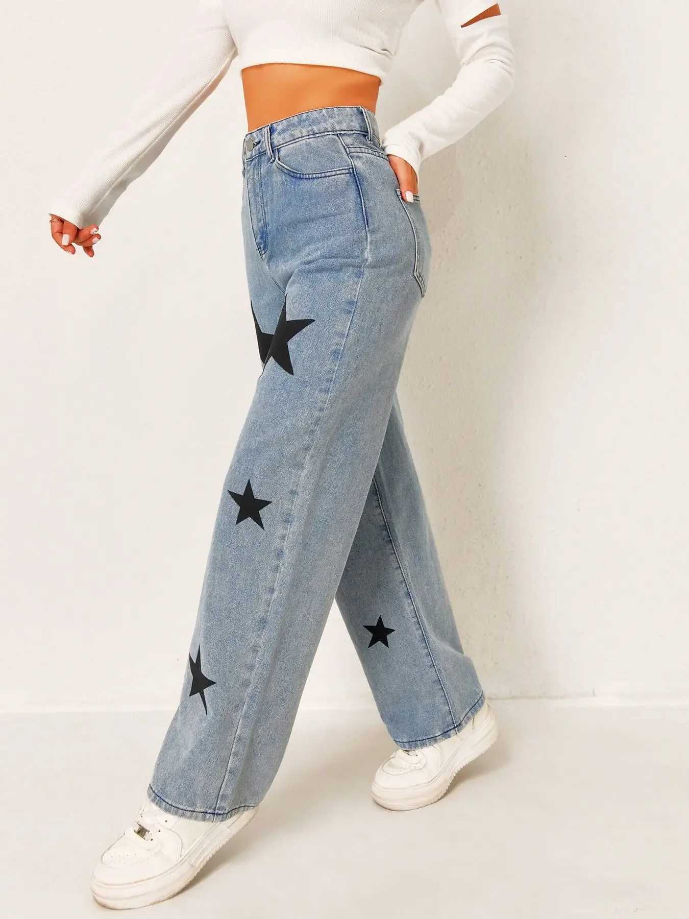 Women High Waist Star Print Wide Leg Baggy Denim Pants Trendy New FashionT260310