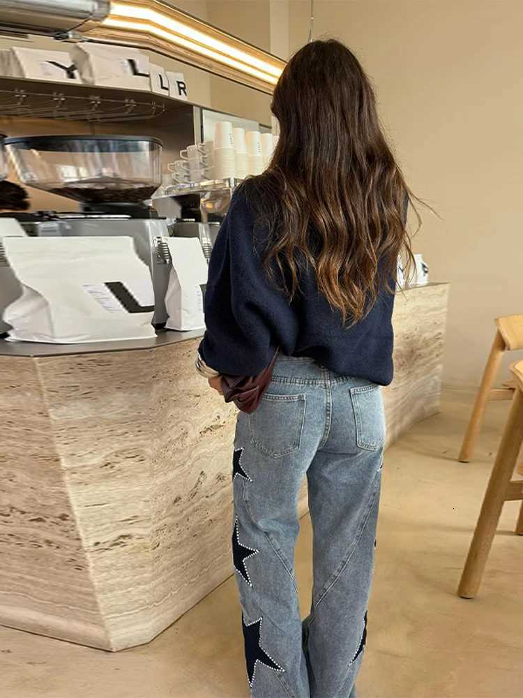 Casual Blue Denim Pentagram Patchwork Pants Women Chic High Waist Button Zipper Loose Trouser 2025 New Daily Commute Street WearT260310