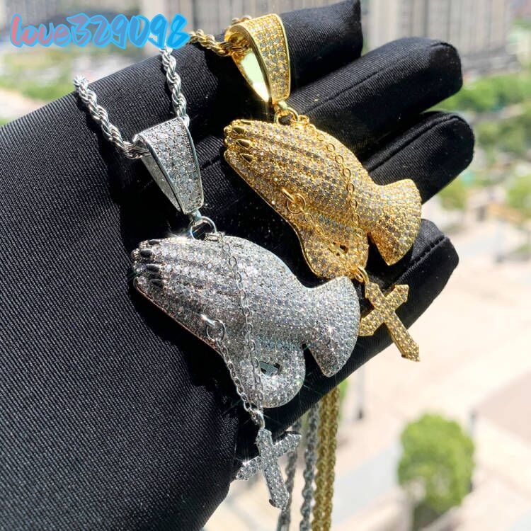 High Quality Micro Paved moissaniteVVSiaHip Hop Praying Hand Pendant with Dangle Cross Gold Plated Mens Necklace