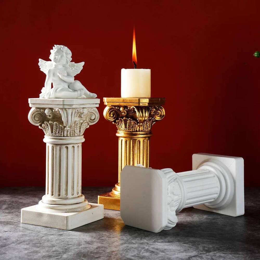 1PC, European retro Roman column-shaped candlestick, a warm and cozy decorative item in center of the desktop H260310
