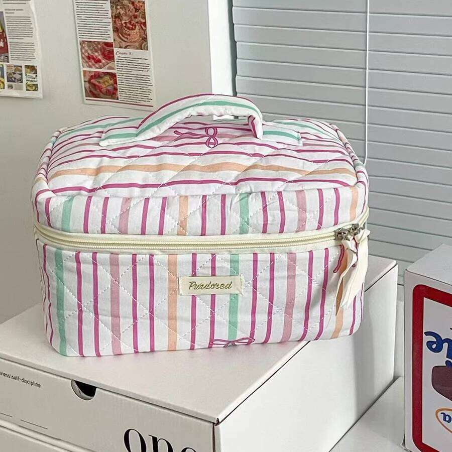 Personality Stripe Bowknot Women Cosmetic Portable Simple Quilting Bag Pouch Travel Large Capacity Makeup Storage Handbag XJ260310