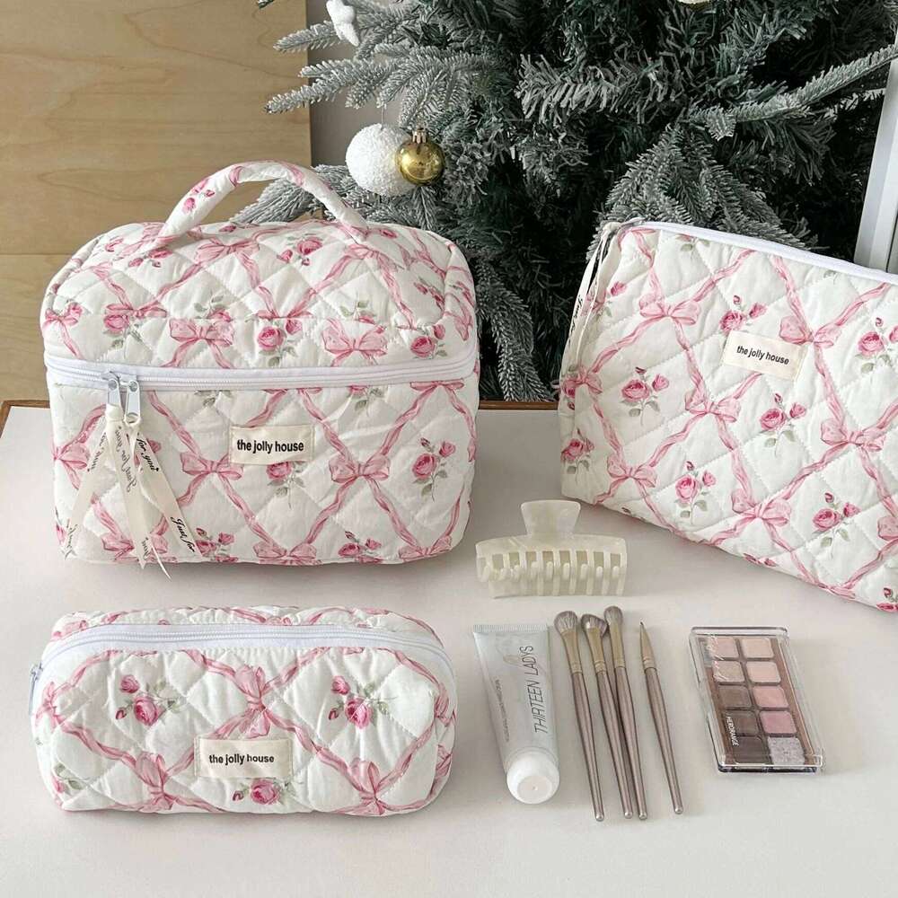Cute Bow Flower Quilting Cotton Makeup Bag Women Zipper Cosmetic Organizer Female Cloth Handbag Portable Toiletry Case for Girls XJ260310