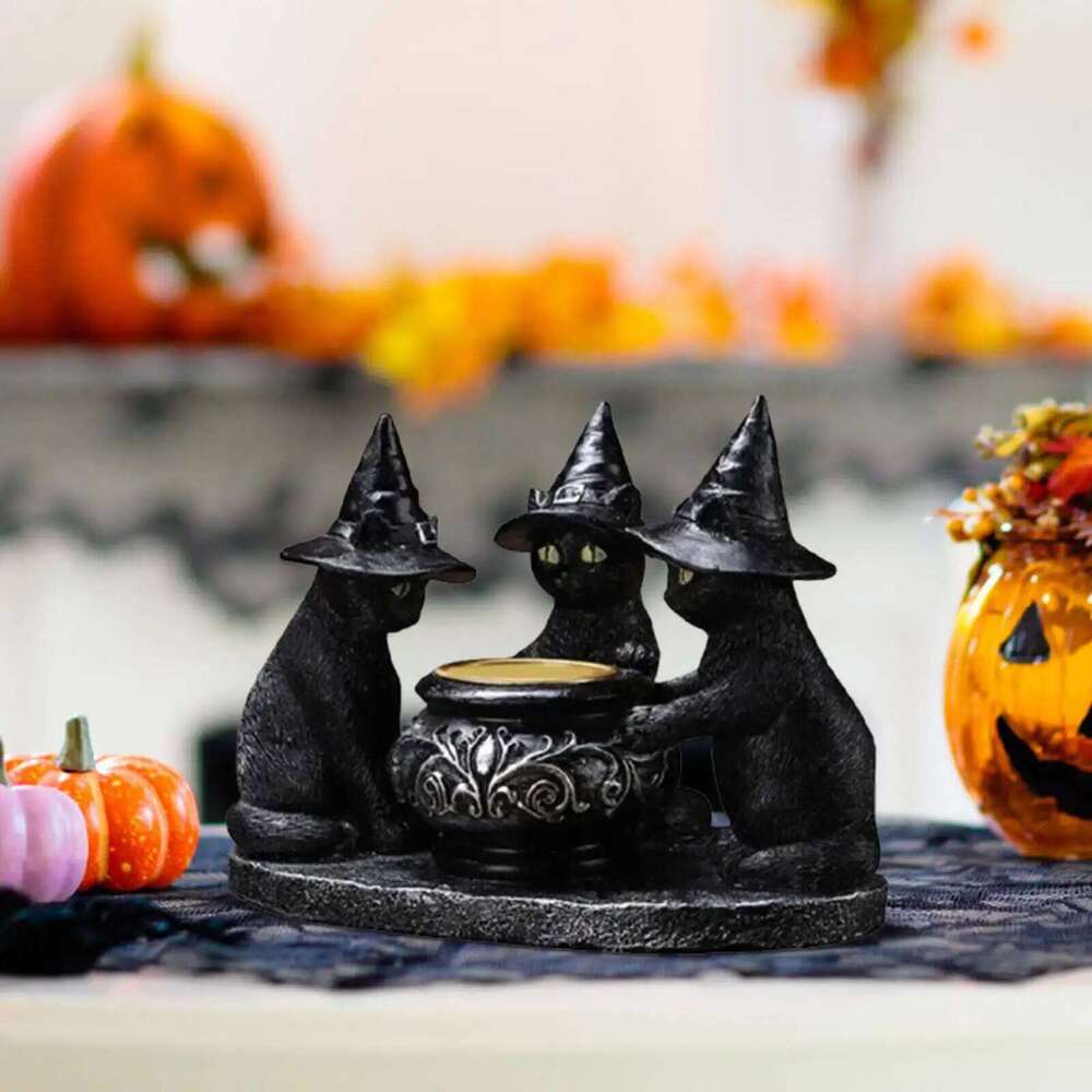 Black Cat Tealight Holder Gothic Figurine Desk Decoration Votive Candle Stand for Festival Table Dining Room H260310