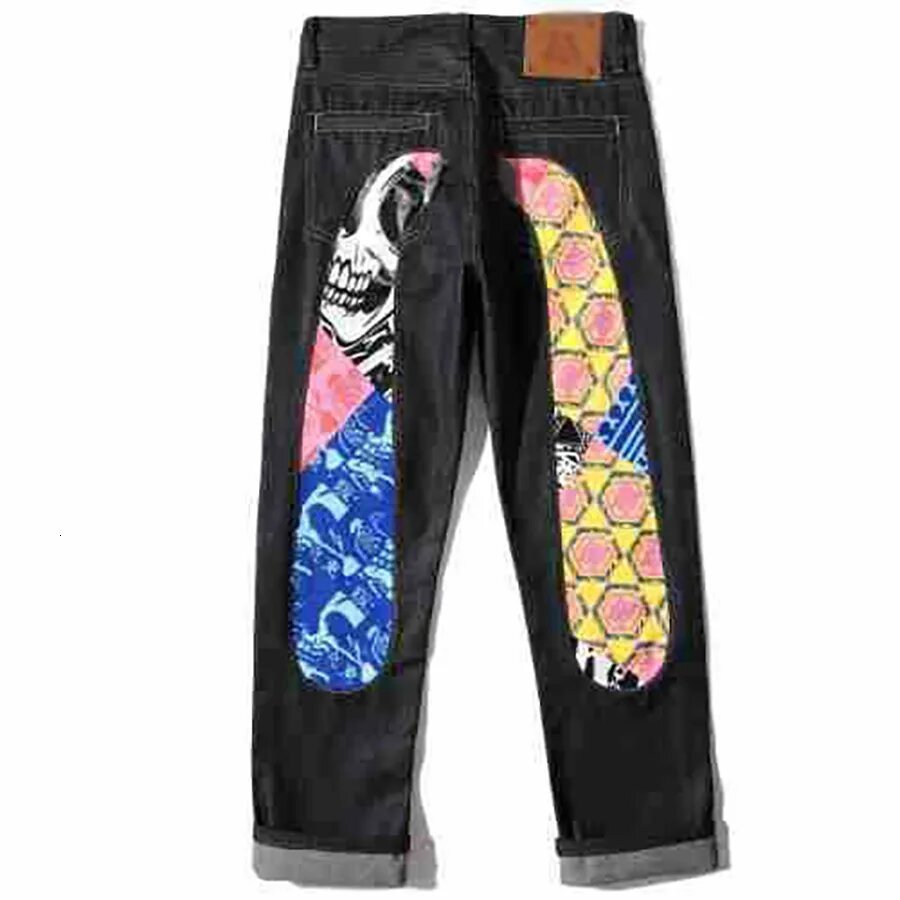 Harajuku Japanese Casual Trend Printed Dark Blue Jeans Mens Fall Loose Straight Drag Pants Street Hip-hop Rap Wide-leg Pants 250414