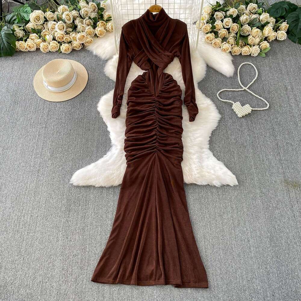 Unique and exquisite women's cross neck semi high neck dress from Europe and America, niche and elegant irregular pleated skirt