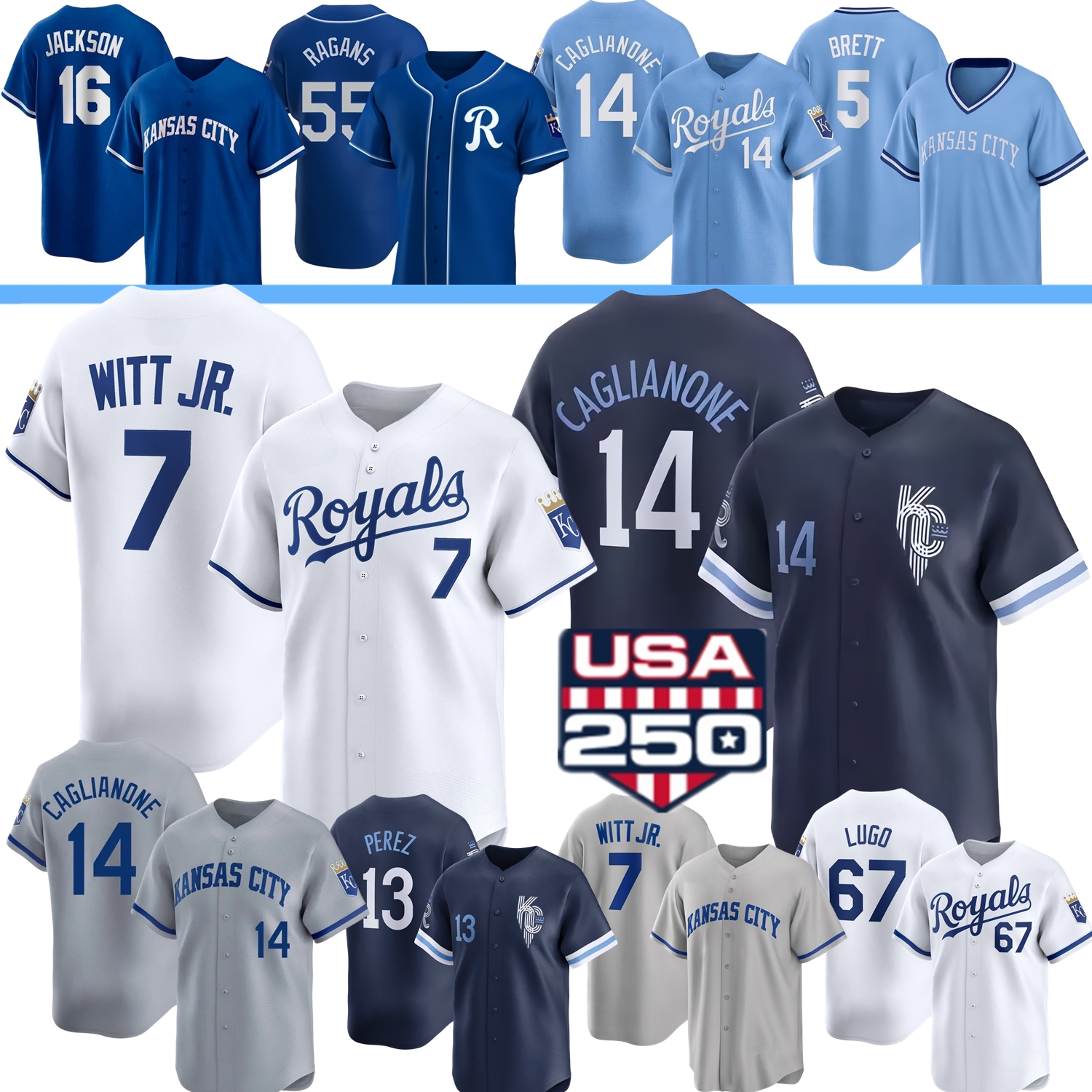 Custom Kansas City Jersey Bobby Witt Jr. Royalses Jac Caglianone Salvador Perez Bo Jackson Cole Ragans Seth Lugo Starling Marte George Brett Pasquantino Mozzicato