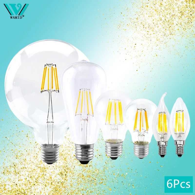 6Pcs Retro Edison E27 E14 LED Filament Lamp AC 220V Light Bulb C35 G45 A60 ST64 G80 G95 Lampada Glass Bulb Vintage Candle Light H260310