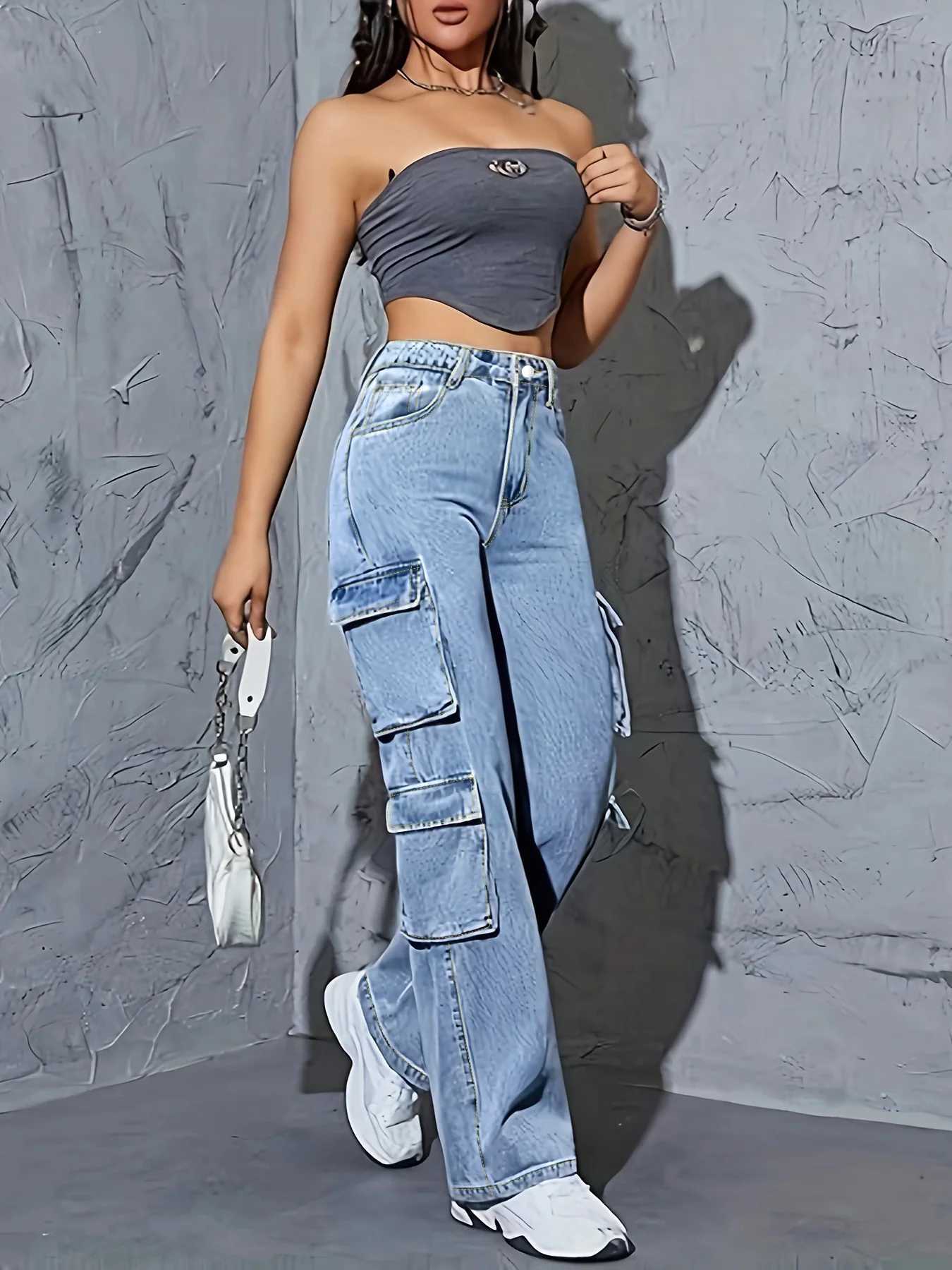 Plus Size Straight Leg Jeans for Women High Waisted Cargo Jeans for Women Stretchy Wide Leg Jean Womes Casual Baggy M260310