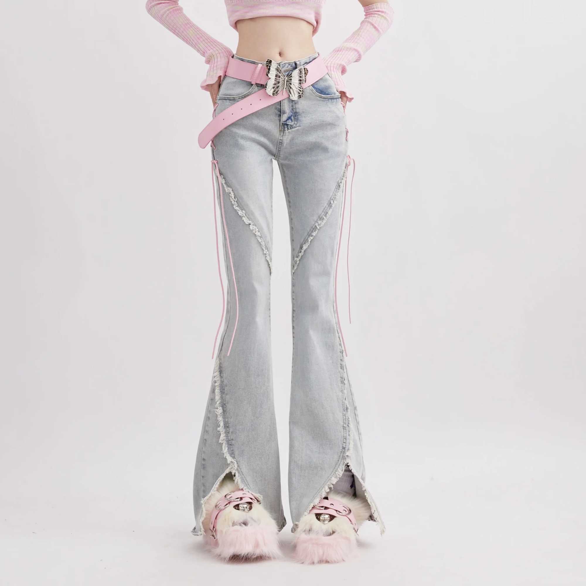 Harajuku Streetwear Retro Fashion Women High Waist Jeans Horn Fork Design Wide Leg Straight Loose Denim Trousers Y2K Baggy Pants M260310