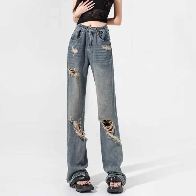 New Blue Ripped s Straight Leg Jeans Female Korean High Waist Casual Denim Trousers Lady Fashion Designer Baggy Pants M260317