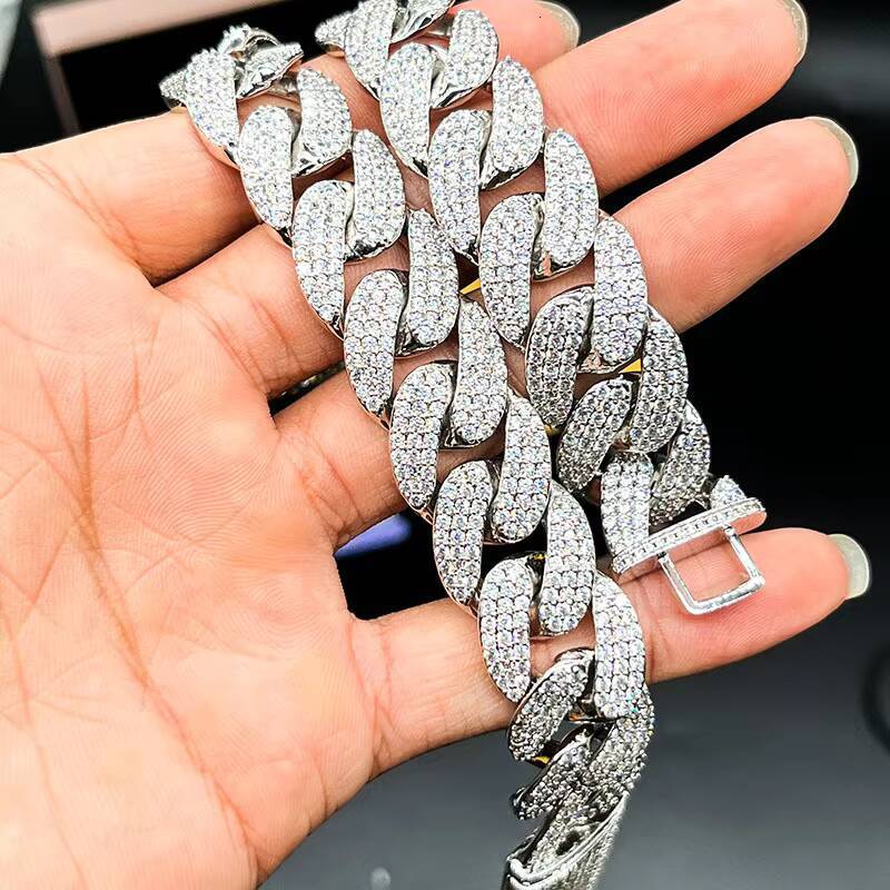 Cuban Chain Silver Plated 18k Gold 2-row Stone Cuban Chain 10mm7-26in Hip Hop Moissanite Necklace