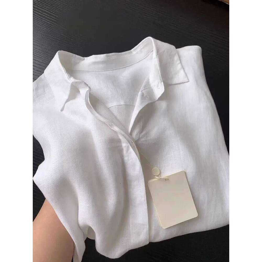 Casual Office Ladies Work Solid Color Linen Shirt Long Sleeve Spring Summer Single Breasted Loose Fit Fashion Women Blouses Tops
