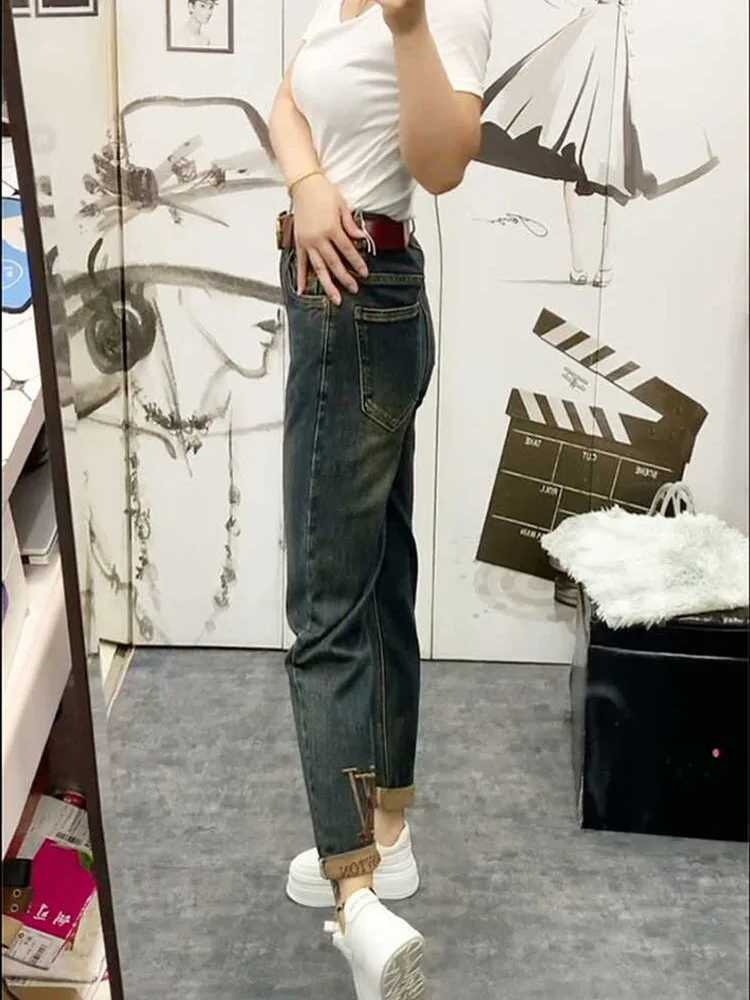 NEW Spring Autumn High Waist Straight Jeans Loose Fit Stretch Haren Denim Pants Ladies Ankle-Length Jeans Pants 2024T260310