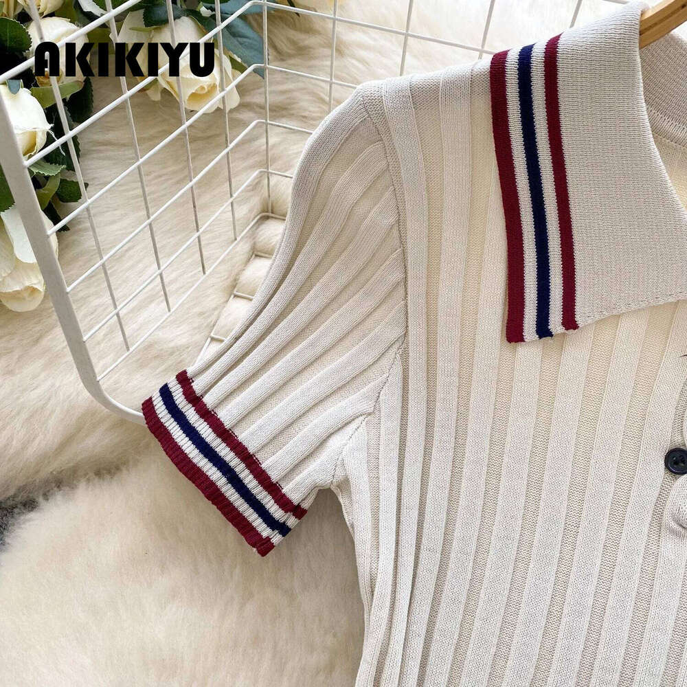 New Korean College Style Knit 2Pcs Suit Polo Neck Short Sleeve Tops+Pleated Skirt Women Summer Color Block Vintage Set AKIKIYU