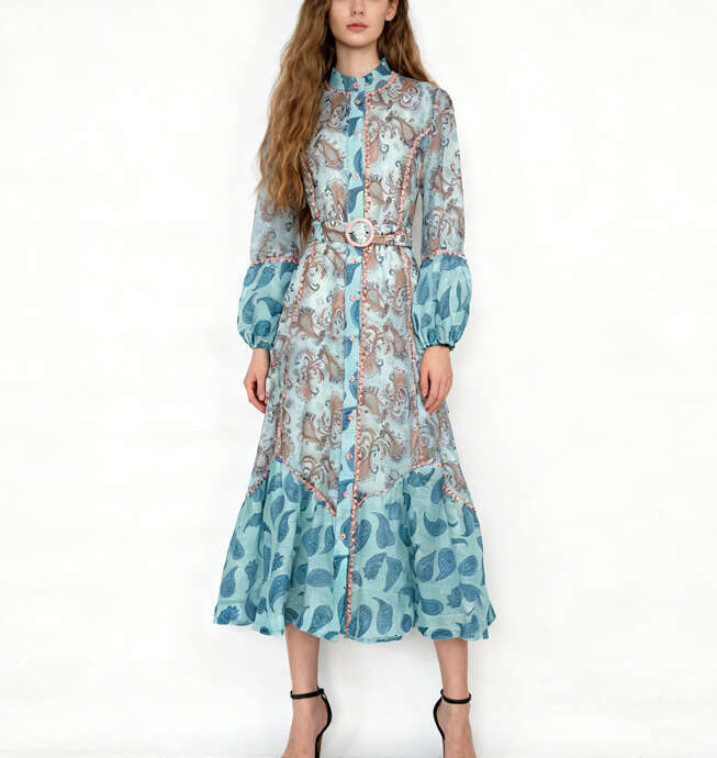 2026 spring and summer niche goddess fairy vacation style color block print lantern sleeves loose single breasted long skirt