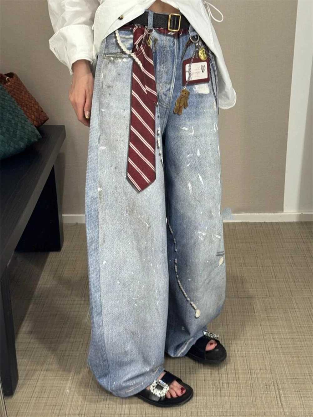 American Retro Scimitar Tie Exquisite Printed Blue Jeans Autumn New Design Loose Contour Floor Pants Women Street Fashion Pants M260310