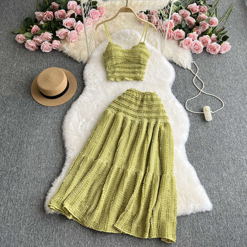 2026 Spring and Summer New Women's Casual Tank Top Short Multi functional Horn Skirt Sweet Two piece Set Fashionable