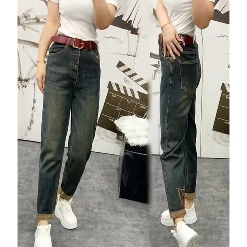 2025 NEW Spring Autumn Embroidery High Waist Straight Jeans Loose Fit Stretch Haren Denim Pants Ladies Ankle-Length Jeans PantsT260310