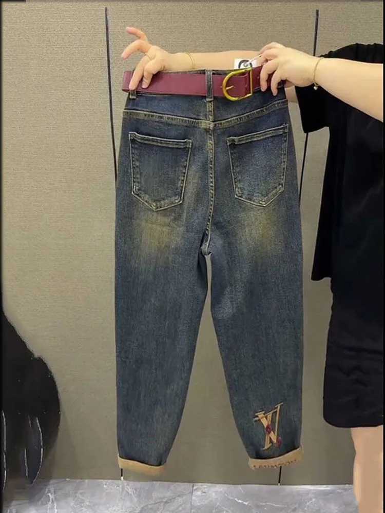 NEW Spring Autumn High Waist Straight Jeans Loose Fit Stretch Haren Denim Pants Ladies Ankle-Length Jeans Pants 2024T260310