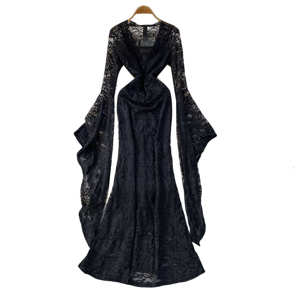 European and American style fashionable and elegant women's irregular bell shaped sleeves autumn sexy V-neck lace fishtail long skirt