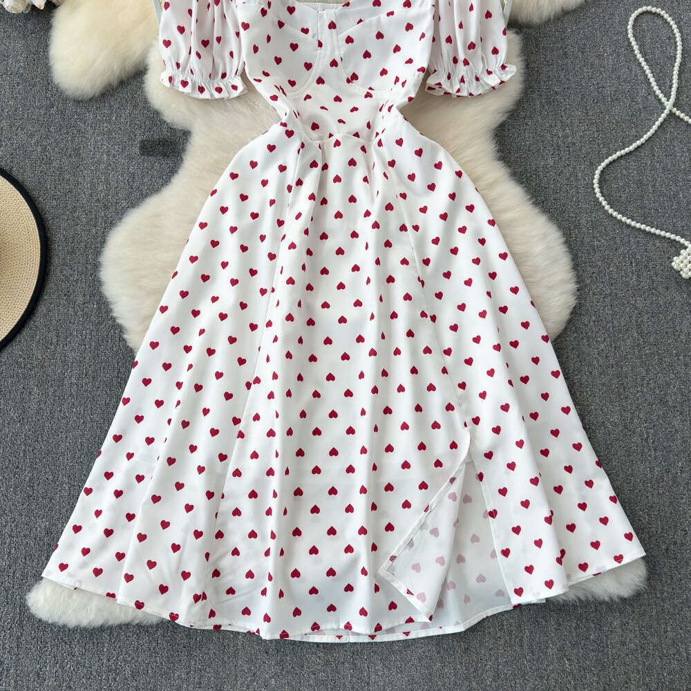 Kikyo Lady's First Love Gentle Lady Short Sleeve Square Neck Waist Tightening Split A-line Heart Printed Dress
