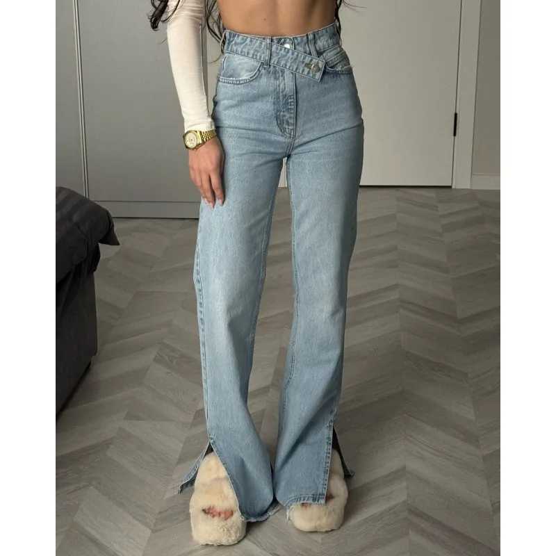 Autumn Dislocation Design High Waist Split Jeans Straight Trousers M260310