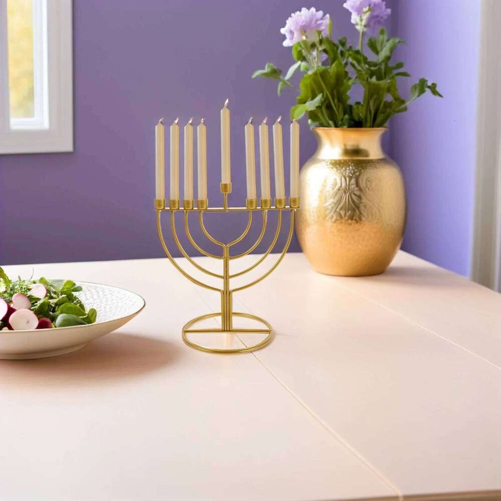 Hanukkah Holder 9-Branch Alloy Metal Candlestick for Pillar Candles Dining Table Decor Jewish Festival Desktop Adornment H260310