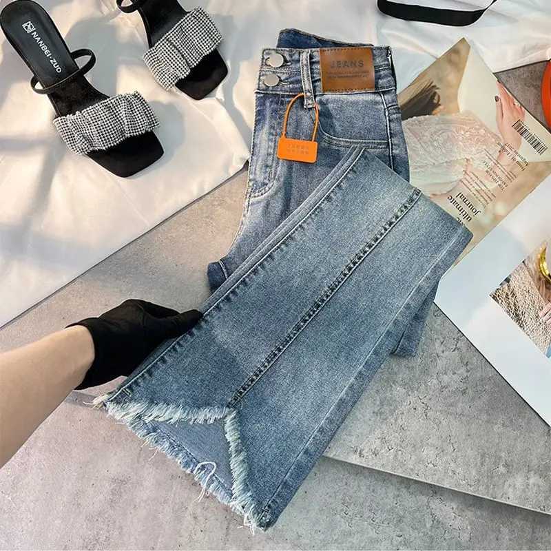 Women Autumn Y2K Slim Flared Denim Trouser Raw Edge Vintage Sexy Minimalist Pant Grunge High Waist Solid High Street Retro Jeans M260310