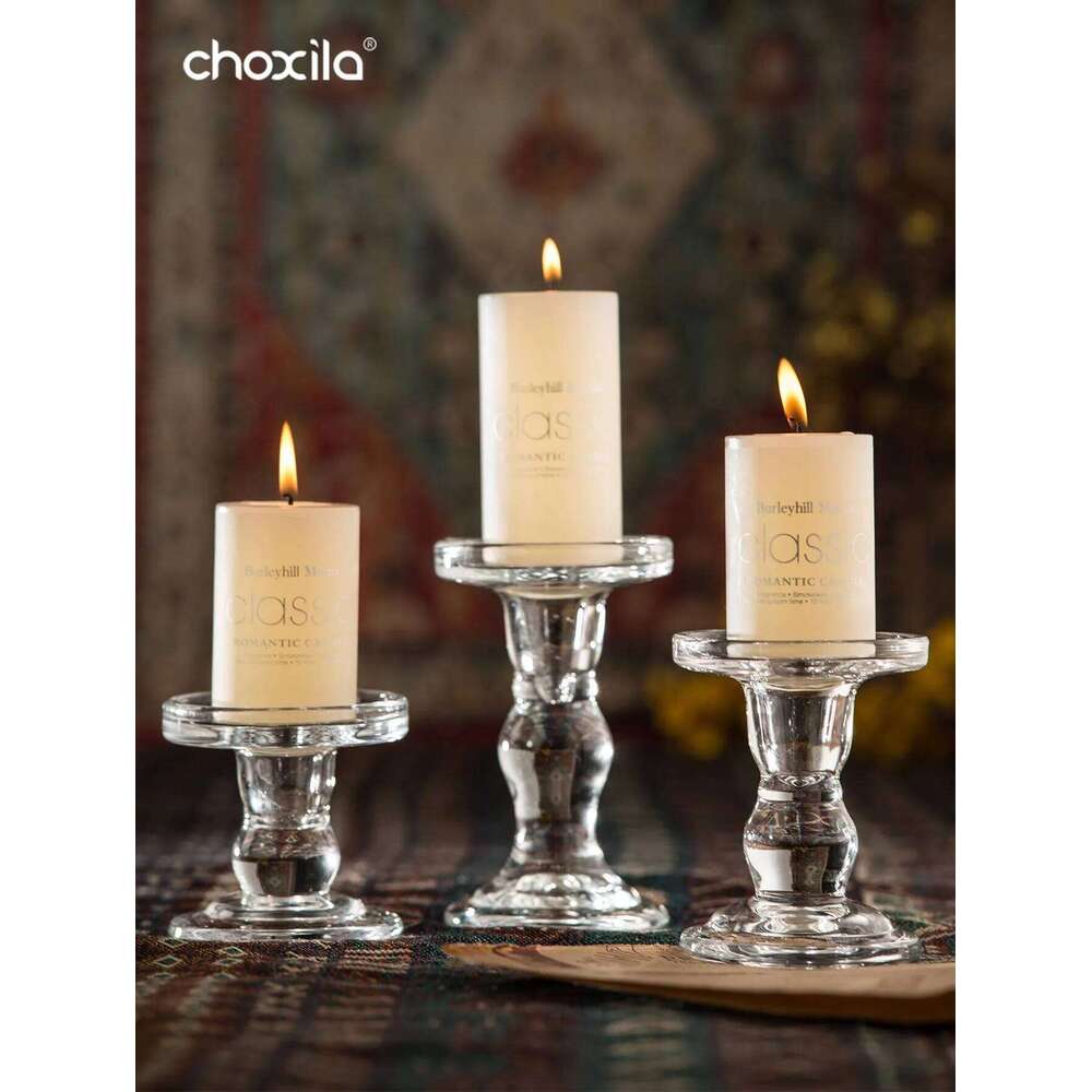 1pc Glass Clear Candle Holder, Decorative Candlestick, Crystal Candlestick With Round Base Elegant Home Decor H260310
