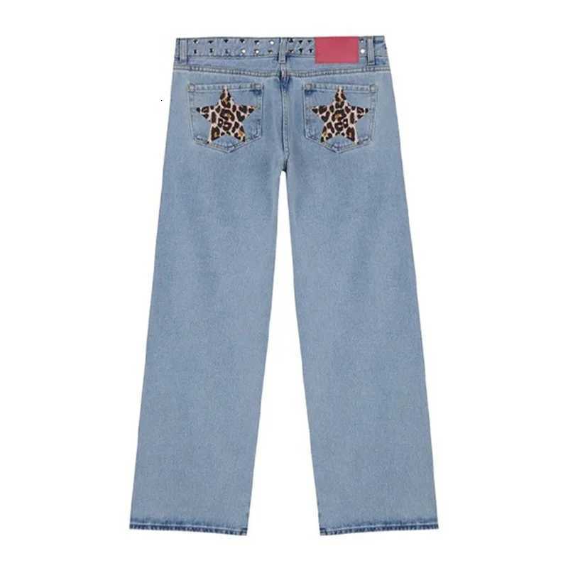 Women Retro Y2K Gothic Jeans Sequin Leopard Star Patch Mid Rise Wide Leg Denim Pants.T260310