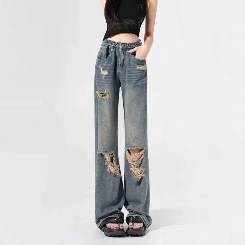 New Blue Ripped s Straight Leg Jeans Female Korean High Waist Casual Denim Trousers Lady Fashion Designer Baggy Pants M260317