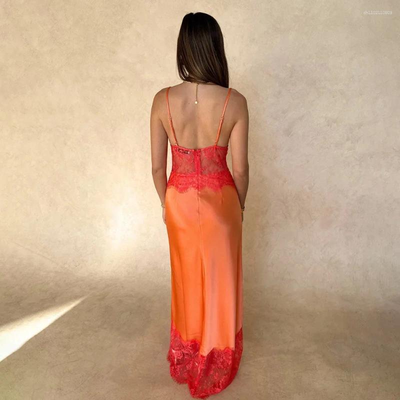 Casual Dresses Sleeveless Lace Patchwork Sling Dress Women Backless Off Shoulder See Through V-neck Slim Maxi Vestidos Lady Vacation