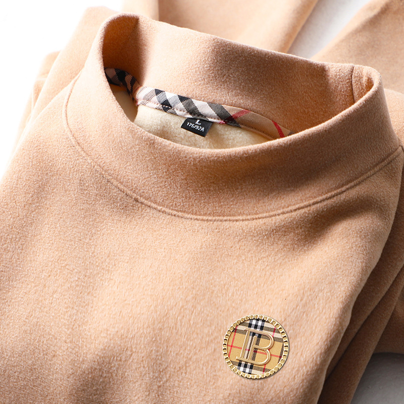 Luxury Brand Designer Clothes Men's Thermal Fleece Half-High Collar Long-Sleeve T-Shirt, Double-Sided Fleece Thickened Warm Base Layer, White Swe