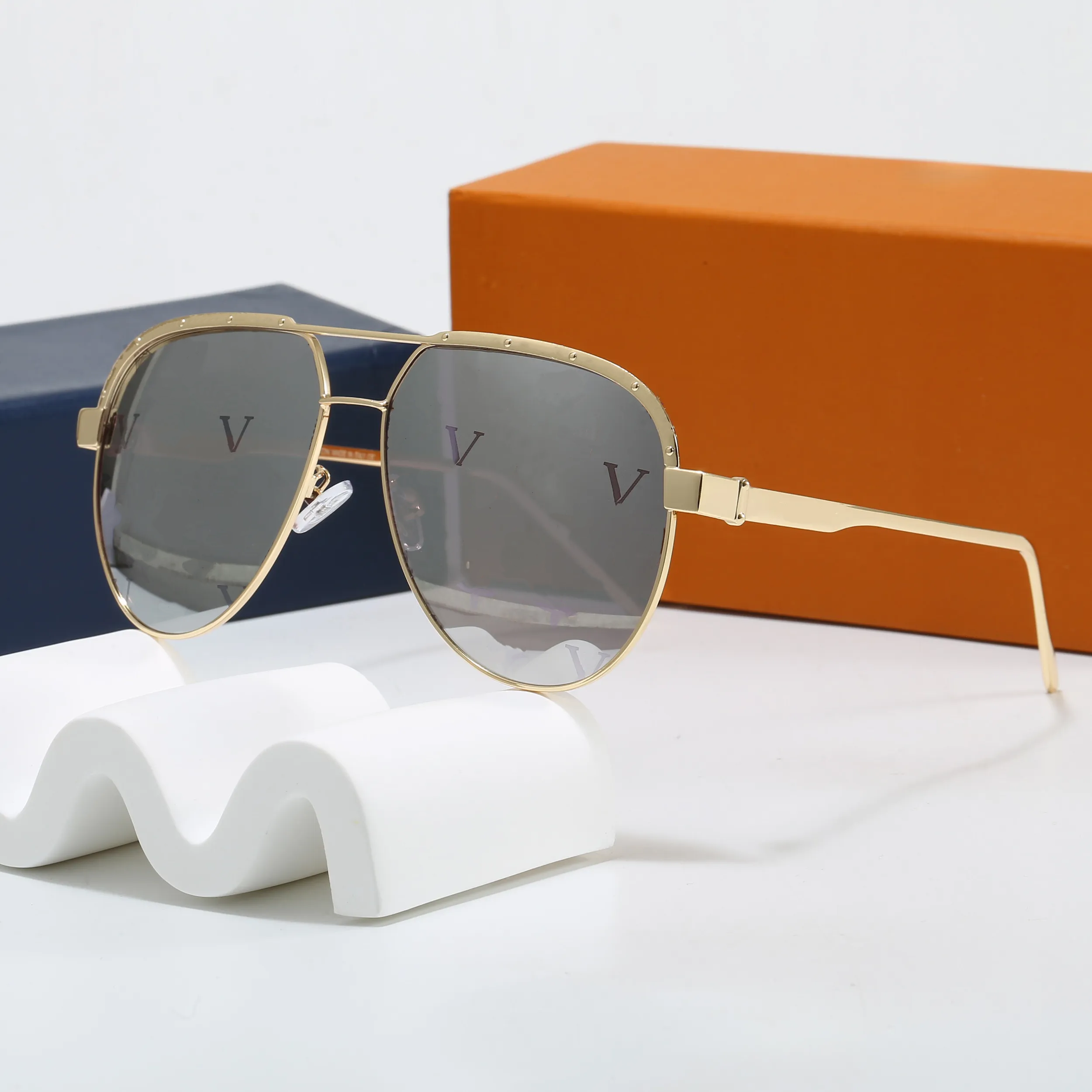 Brand Women Designer Sunglasses Y2K Outdoor Shades Mens Fashion Metal Oval Luxury Half Frame Sunshade Mirror Polarized UV400 Protection Glasses With Box