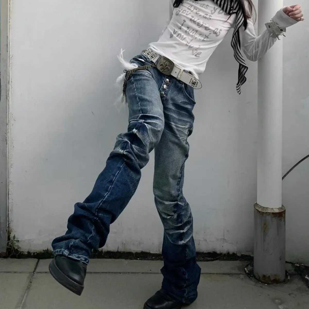 Washed Distressed Vintage Flared Jeans Women High Street Straight Denim Pants American Retro Harajuku Hip Hop Y2k Trousers M260310