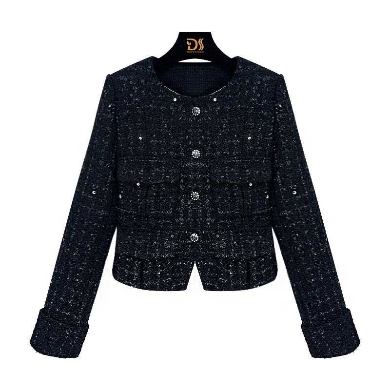 2025 Fashion Elegant Round Neck Single Bretted Light Luxury Celebrity Heavy Industry Sequin High-end Tweed Braided JacketT260310