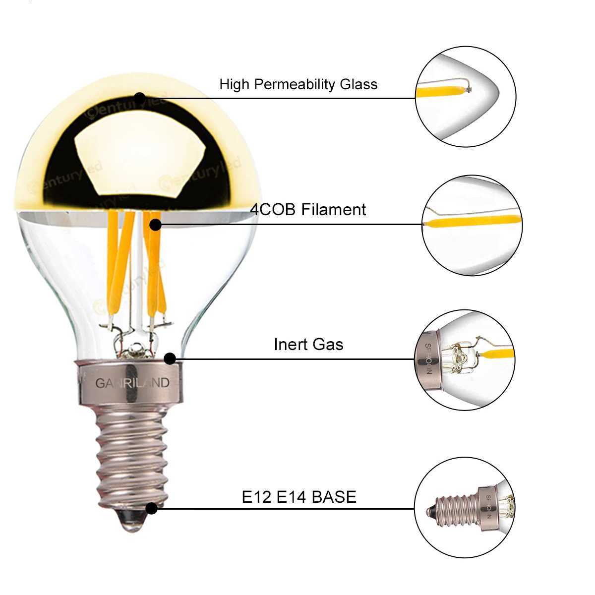6pcs Mirror Gold Retro Edison LED Light Bulb E14 E12 G45 4W Dimmable filament 2700k Shadowless Bulb Decorative Lighting For Home H260310