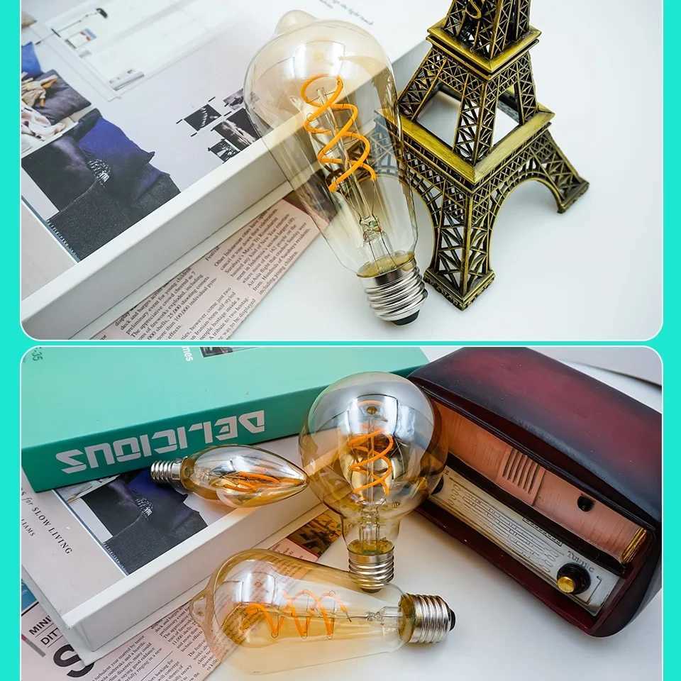 2/4pcs Retro LED Edison Bulb E14 E27 220V Spiral Soft Filament Warm Yellow Led Light Bulb Indoor Decor Tube Globe Vintage Lamp H260310