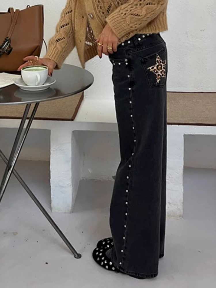 Deeptown Y2k Black Vintage Leopard Star Patchwork Women Jeans Punk American Style Denim Trousers Straight Baggy High StreetT260310