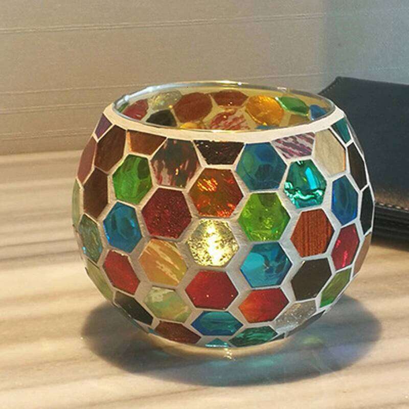 Mediterranean colorful style ornament confession prop European mosaic glass candle holder cup home decorative vase H260310