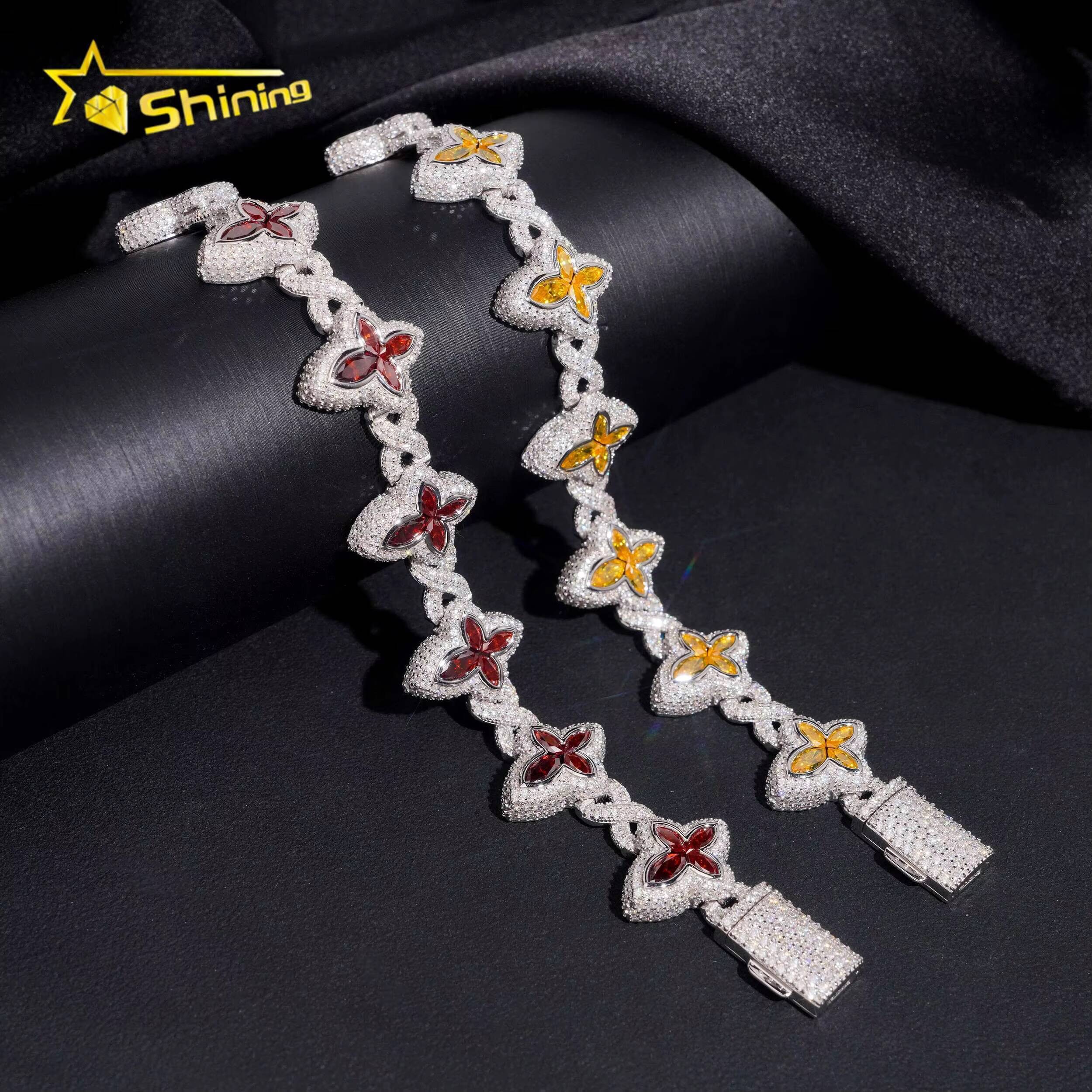 Pass Diamond Tester Colors Moissnaite Flower 15mm Mens Cuban Bracelet S925 Gold Plated Luxury Cuban Link Chain Hip Hop Jewelry