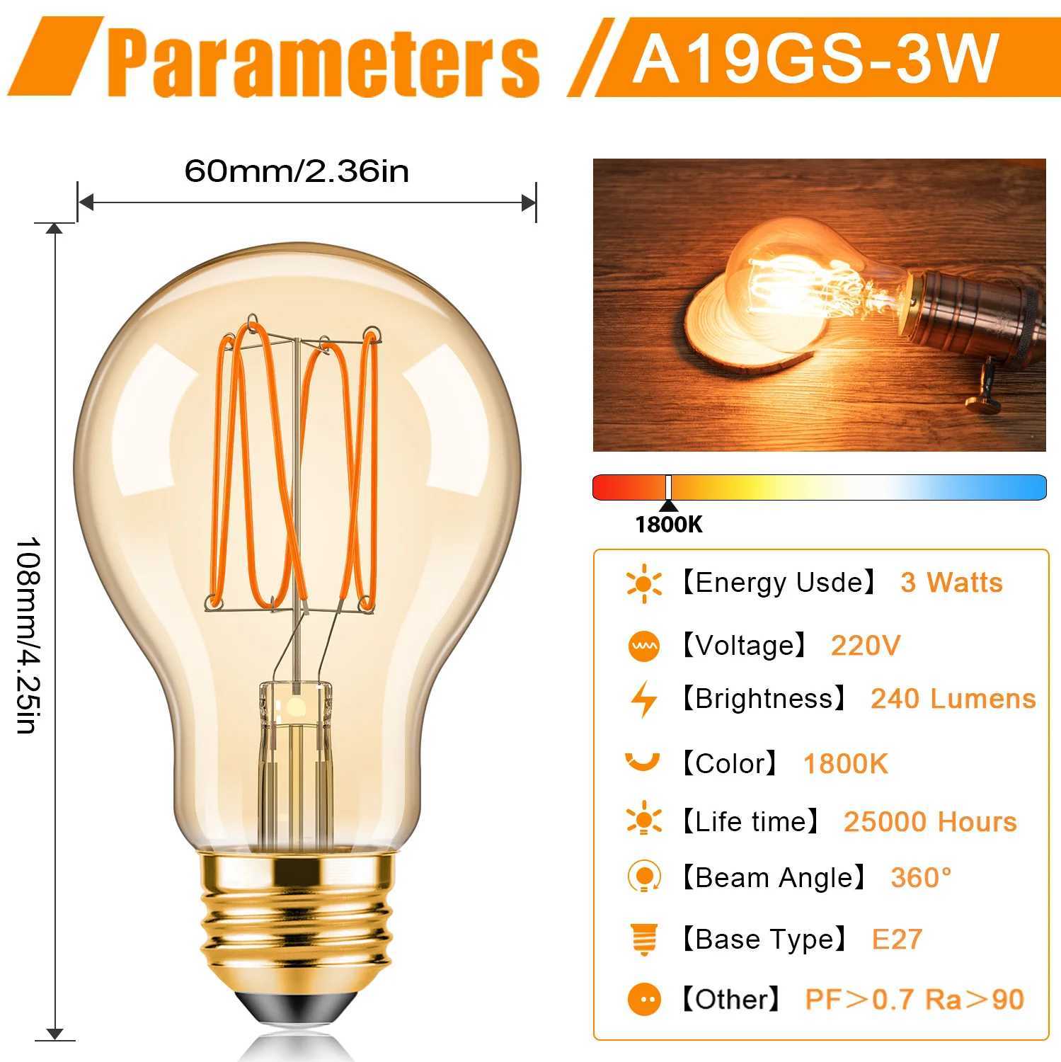A19 Vintage Edison Bulb 3W LED Antique Filament Light Bulbs 1800K Amber Warm E27 E26 Light Bulbs for Pendant Bedroom Ceiling Fan H260310