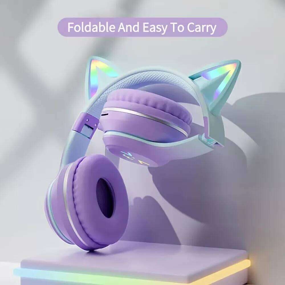 Flash Light Pink Cute Cat Ear Headphones Wireless Earphone Over-ear Noise Cancelling Folding Headset Girl Gift Earbuds 26W0310
