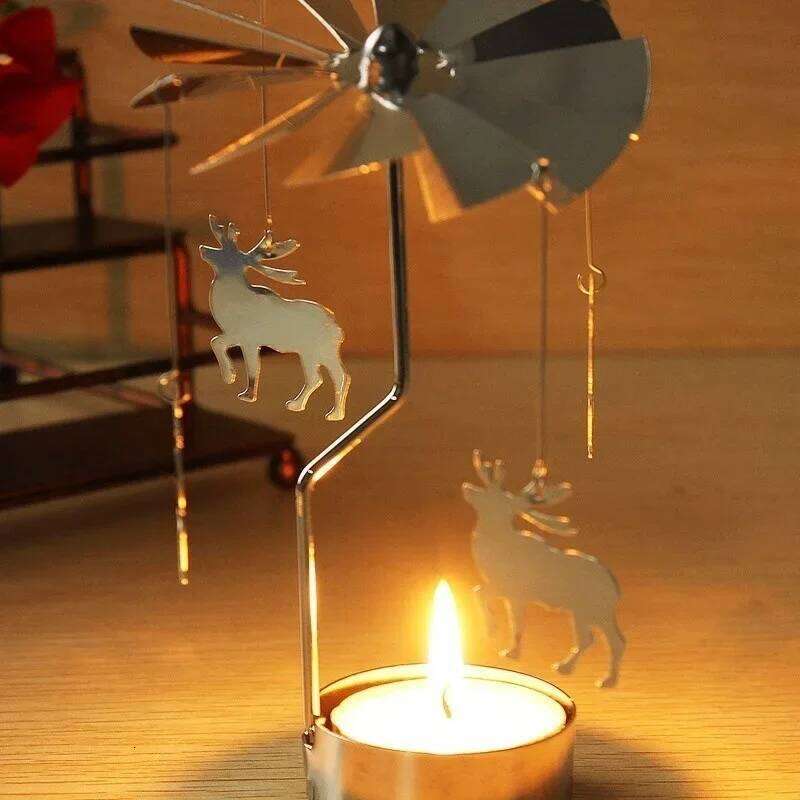 Christmas Decorations Spinning Rotary Metal Carousel Tea Candle Holder Stand Light Xmas Gift Candelabra for Home H260310