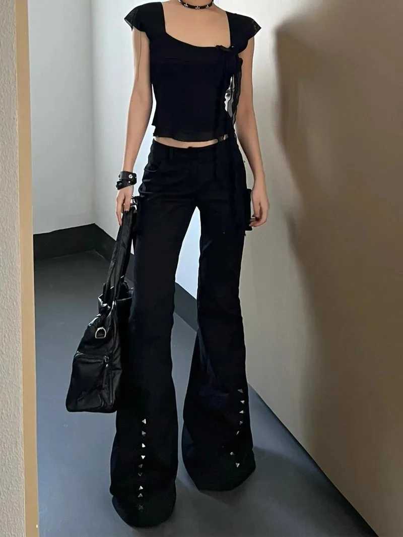Harajuku High Waist Flared Jeans Black Kpop Retro Y2K Pants Womens Vintage Slim 2000s Skinny Denim Trouser M260310