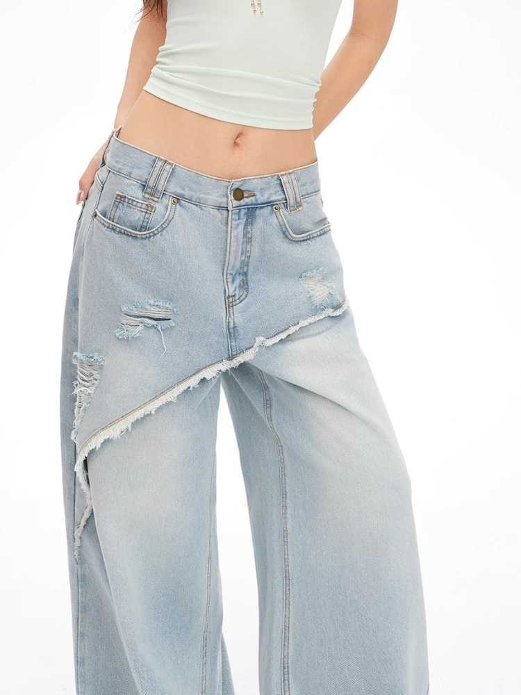 Womens Blue Baggy Y2k Jeans Vintage 90s Aesthetic Patchwork Cowboy Pants Harajuku Denim Trouser Streetwear 2000s Trashy Clothes M260310