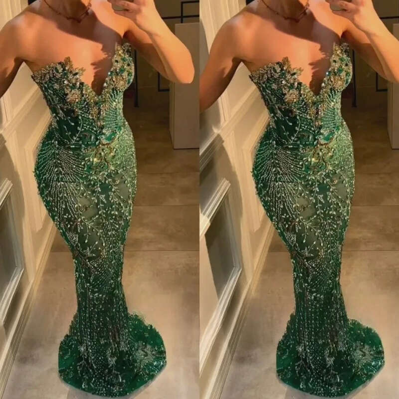 Luxury Green Evening Dress For Woman Beading Sweetheart Wedding Party Dresses Crystal Mermaid Prom Gowns Customizde